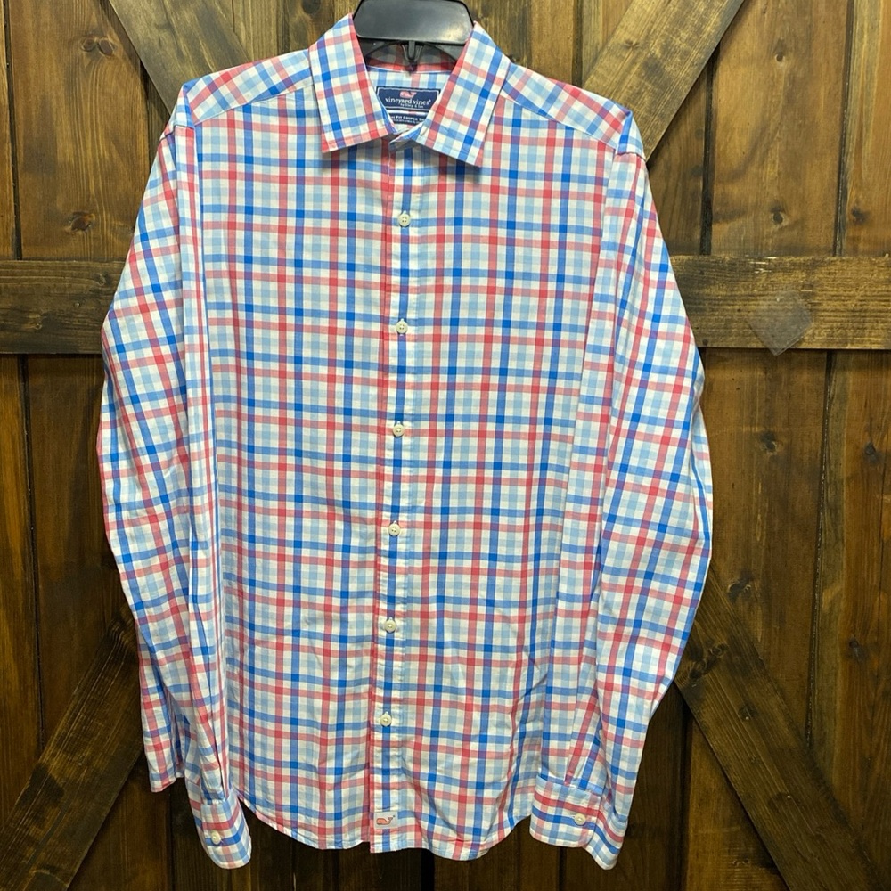 Vineyard Vines Shirt Mens Medium Plaid Pink Blue Classic Fit Cooper Long Sleeves